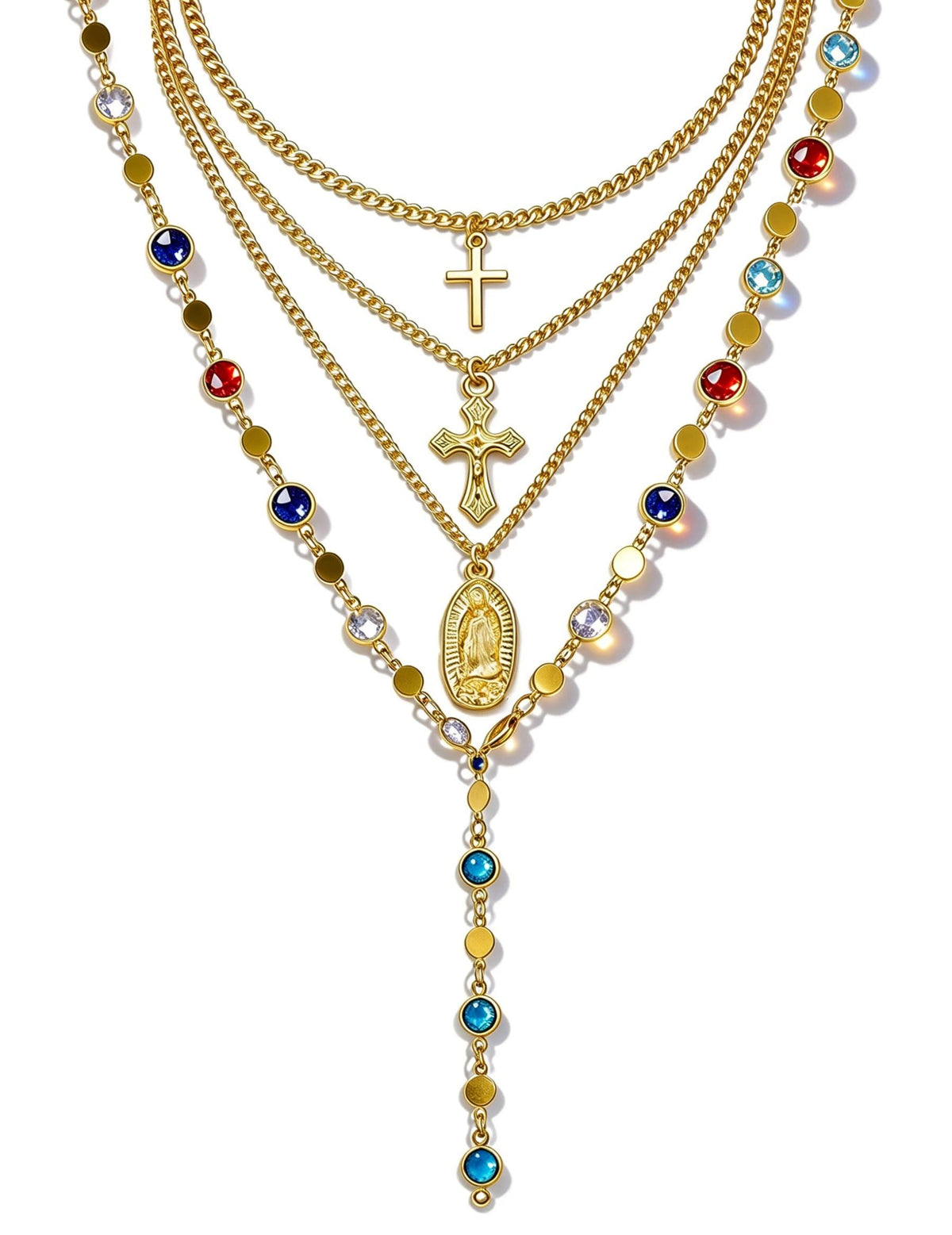 4PCS Layered Gold Cross Necklaces for Women Trendy, Bohemian Bead Pearl Y Long Pendant Necklace Set, Vintage Rosary Necklace Stack Adjustable Length