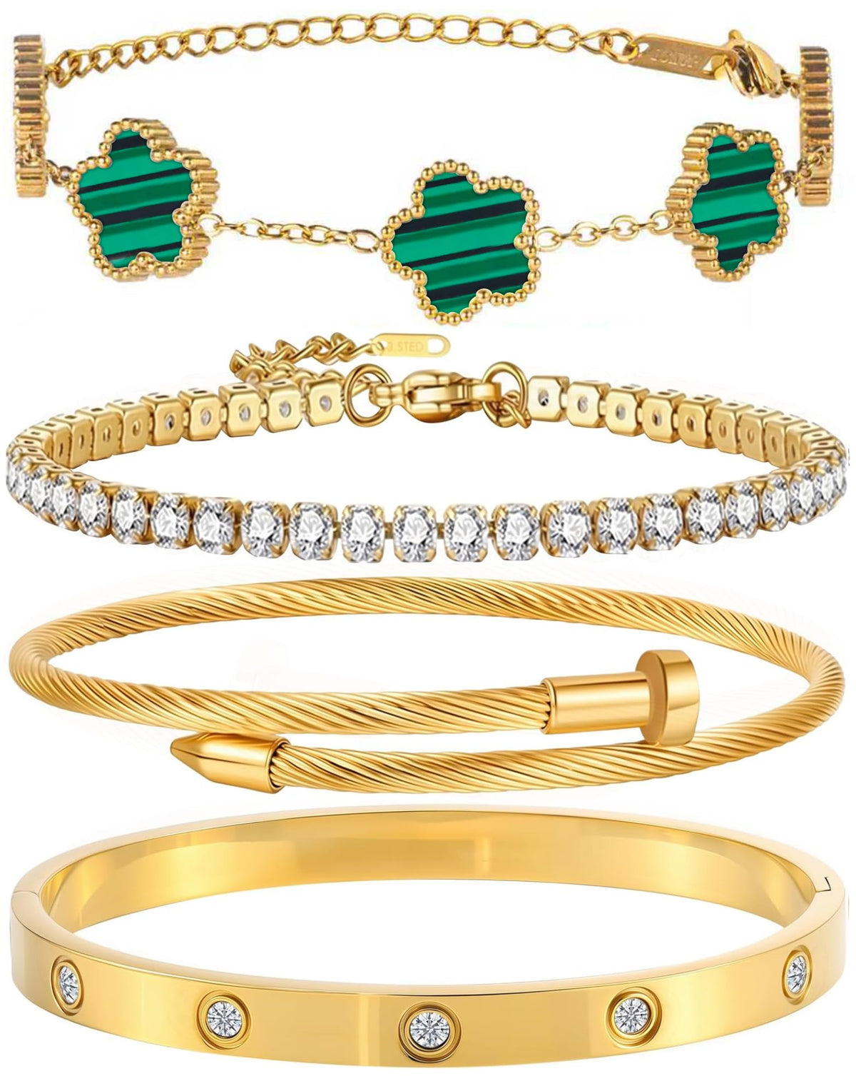 18K Gold Plated Bangle Bracelet Set for Women Stackable Lucky Floral Adjustable Tennis Bracelet Non Tarnish Gift Jewelry for Christmas Valentines Birthday Mother's Day