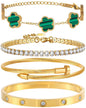 18K Gold Plated Bangle Bracelet Set for Women Stackable Lucky Floral Adjustable Tennis Bracelet Non Tarnish Gift Jewelry for Christmas Valentines Birthday Mother's Day