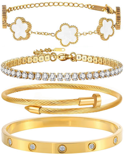 18K Gold Plated Bangle Bracelet Set for Women Stackable Lucky Floral Adjustable Tennis Bracelet Non Tarnish Gift Jewelry for Christmas Valentines Birthday Mother's Day