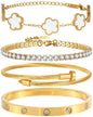 18K Gold Plated Bangle Bracelet Set for Women Stackable Lucky Floral Adjustable Tennis Bracelet Non Tarnish Gift Jewelry for Christmas Valentines Birthday Mother's Day