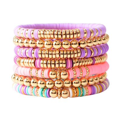 GOOJIDS Surfer Heishi Clay Bead Bracelets for Women Bohemian Stackable Gold Plated Beaded Stretch Bracelets Elastic Layering Friendship Bracelets Set Boho Jewelry