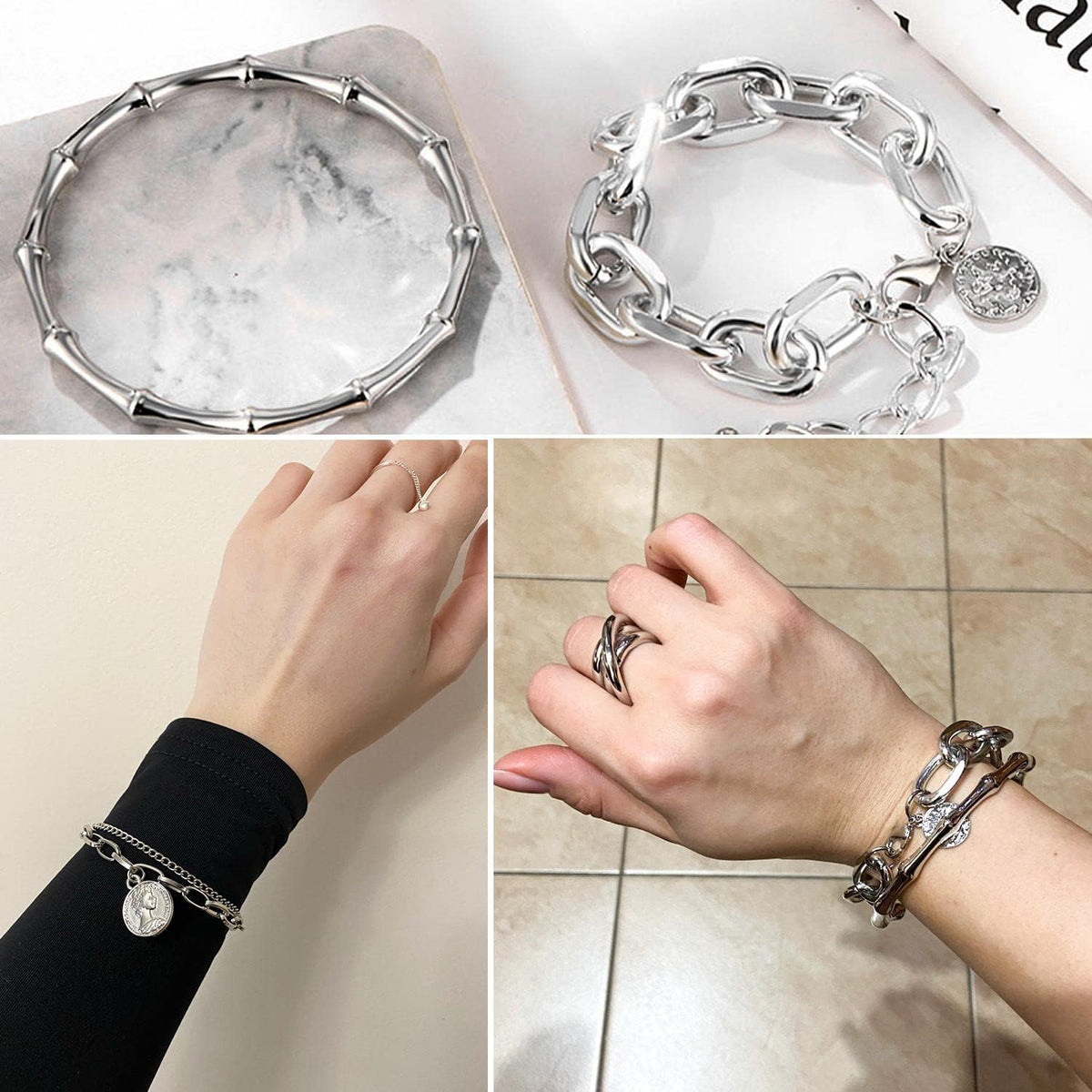 17IF 18-25 PCS(6 Pack) Boho Gold Silver Stackable Bracelets Set for Women