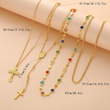 4PCS Layered Gold Cross Necklaces for Women Trendy, Bohemian Bead Pearl Y Long Pendant Necklace Set, Vintage Rosary Necklace Stack Adjustable Length