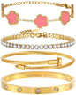 18K Gold Plated Bangle Bracelet Set for Women Stackable Lucky Floral Adjustable Tennis Bracelet Non Tarnish Gift Jewelry for Christmas Valentines Birthday Mother's Day