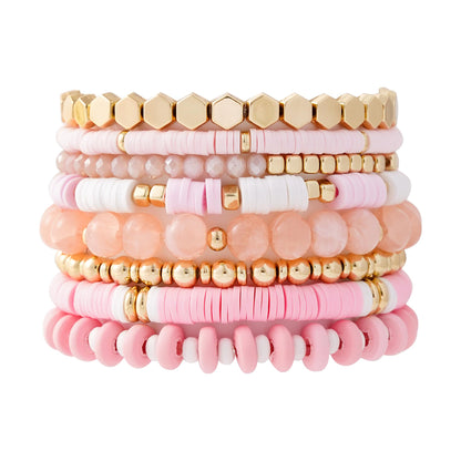 GOOJIDS Surfer Heishi Clay Bead Bracelets for Women Bohemian Stackable Gold Plated Beaded Stretch Bracelets Elastic Layering Friendship Bracelets Set Boho Jewelry