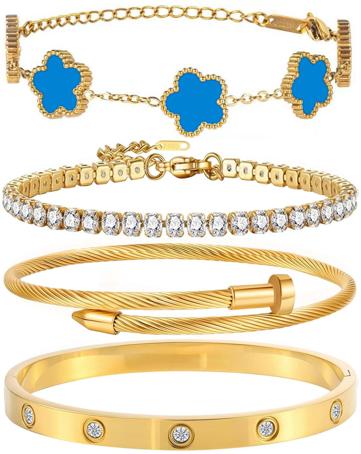 18K Gold Plated Bangle Bracelet Set for Women Stackable Lucky Floral Adjustable Tennis Bracelet Non Tarnish Gift Jewelry for Christmas Valentines Birthday Mother's Day