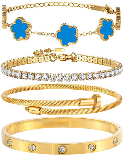 18K Gold Plated Bangle Bracelet Set for Women Stackable Lucky Floral Adjustable Tennis Bracelet Non Tarnish Gift Jewelry for Christmas Valentines Birthday Mother's Day