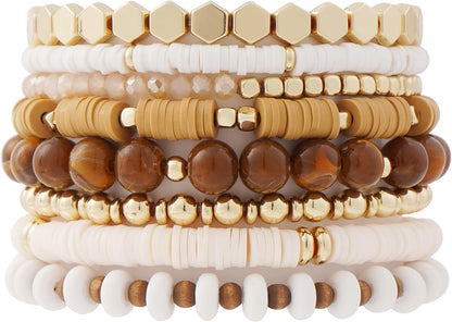 GOOJIDS Surfer Heishi Clay Bead Bracelets for Women Bohemian Stackable Gold Plated Beaded Stretch Bracelets Elastic Layering Friendship Bracelets Set Boho Jewelry