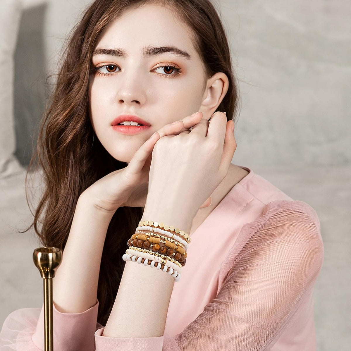 GOOJIDS Surfer Heishi Clay Bead Bracelets for Women Bohemian Stackable Gold Plated Beaded Stretch Bracelets Elastic Layering Friendship Bracelets Set Boho Jewelry