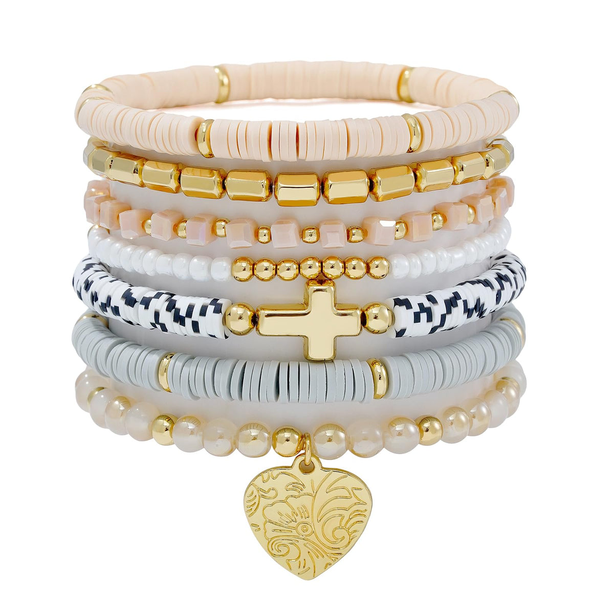 GOOJIDS Surfer Heishi Clay Bead Bracelets for Women Bohemian Stackable Gold Plated Beaded Stretch Bracelets Elastic Layering Friendship Bracelets Set Boho Jewelry
