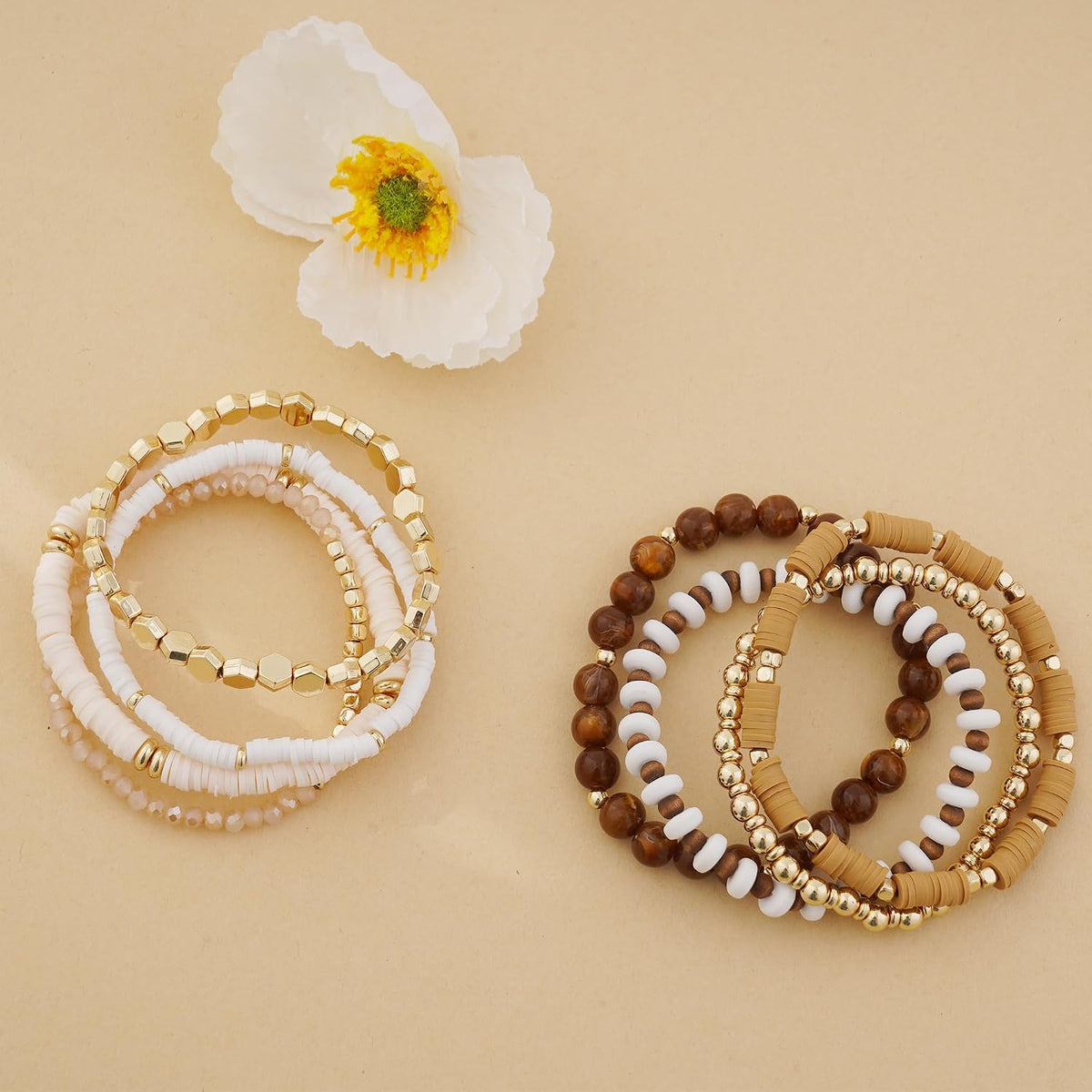 GOOJIDS Surfer Heishi Clay Bead Bracelets for Women Bohemian Stackable Gold Plated Beaded Stretch Bracelets Elastic Layering Friendship Bracelets Set Boho Jewelry