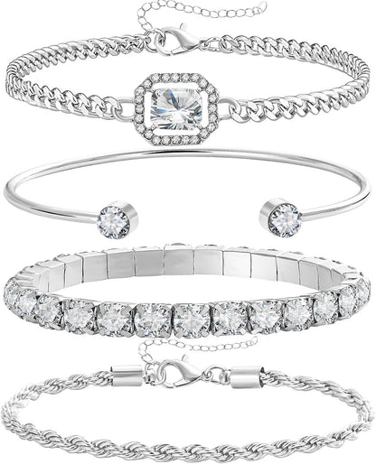 17IF 4 Pcs Dainty Gold Silver Bracelets Set for Women, 14K Plated Link