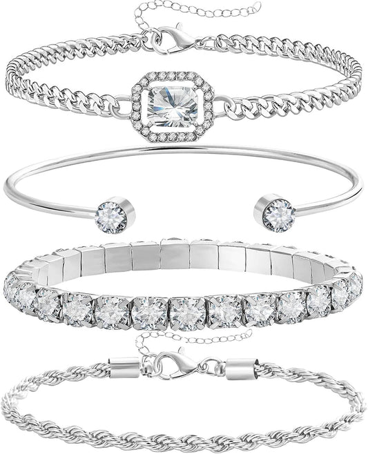 17IF 4 Pcs Dainty Gold Silver Bracelets Set for Women, 14K Plated Link
