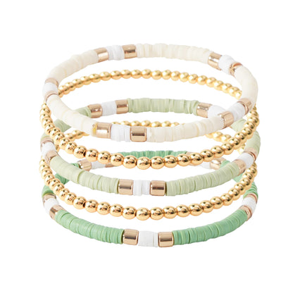 GOOJIDS Surfer Heishi Clay Bead Bracelets for Women Bohemian Stackable Gold Plated Beaded Stretch Bracelets Elastic Layering Friendship Bracelets Set Boho Jewelry