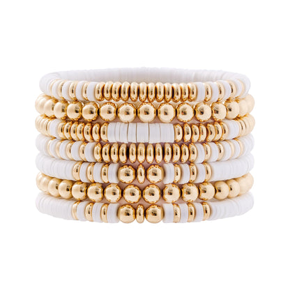 GOOJIDS Surfer Heishi Clay Bead Bracelets for Women Bohemian Stackable Gold Plated Beaded Stretch Bracelets Elastic Layering Friendship Bracelets Set Boho Jewelry