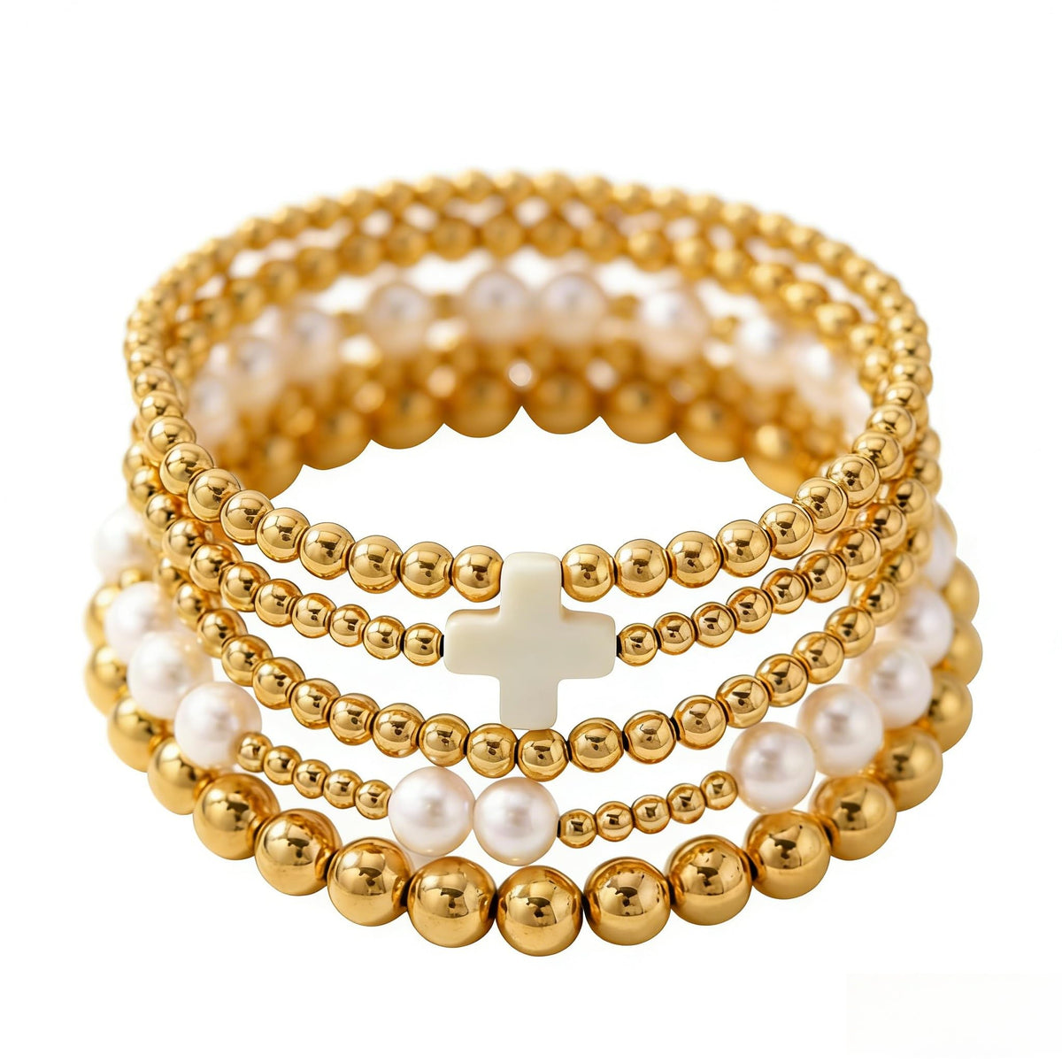 14K Gold Plated Pearl Beaded Cross Bracelets Stack Set for Women,Stretch Boho Colorful Christian Beads Ball Jewelry Friendship Summer Trendy Gift