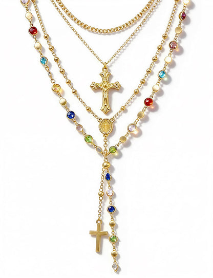 4PCS Layered Gold Cross Necklaces for Women Trendy, Bohemian Bead Pearl Y Long Pendant Necklace Set, Vintage Rosary Necklace Stack Adjustable Length
