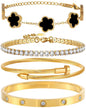 18K Gold Plated Bangle Bracelet Set for Women Stackable Lucky Floral Adjustable Tennis Bracelet Non Tarnish Gift Jewelry for Christmas Valentines Birthday Mother's Day