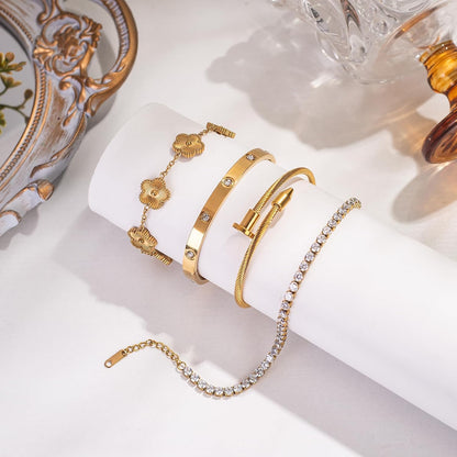 18K Gold Plated Bangle Bracelet Set for Women Stackable Lucky Floral Adjustable Tennis Bracelet Non Tarnish Gift Jewelry for Christmas Valentines Birthday Mother's Day