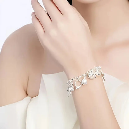 Women's 925 Sterling Silver Baroque Charm Bracelet - Statement Piece with 13 Charms, Heart Key Pendant, Bling Effect, Stacking Option - Ideal Birthday Gift, Jewelry for Women