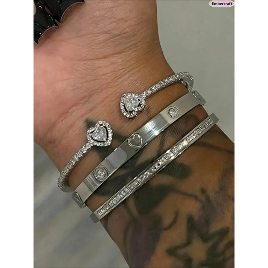 Women's 3PC Heart Bangle Bracelet Set - 18K Gold Plated Sparkly Zirconia Open Cuffs, Jewelry for Women, Stainless Steel Bracelet Stack, Arm Candy Accessories, Daily Girly Items, Ideal Gift for Date Night