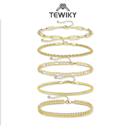 TEWIKY Women's 5-Piece Thin Dainty Gold Aesthetic Bracelet Stack Set, Chain Styles Including Paperclip, Cuban Link & Greenish Beads, Adjustable 6.5in Metal Coating Jewelry for Everyday Wear, Casual, Stackable Sets