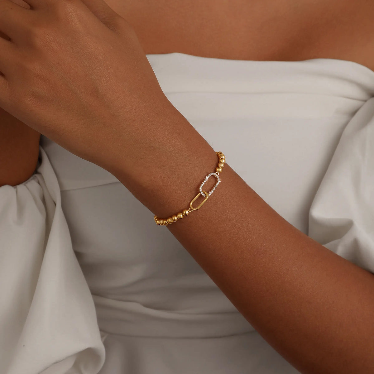 14K Gold Plated Beaded Stretch Bracelet for Women - Elegant CZ Stackable Jewelry, Non Tarnish, Perfect Gift for Friends & Mom,Dainty Gold Bracelet,Fashion Wrist Jewelry,Exquisite Bracelet,Stackable Bangle