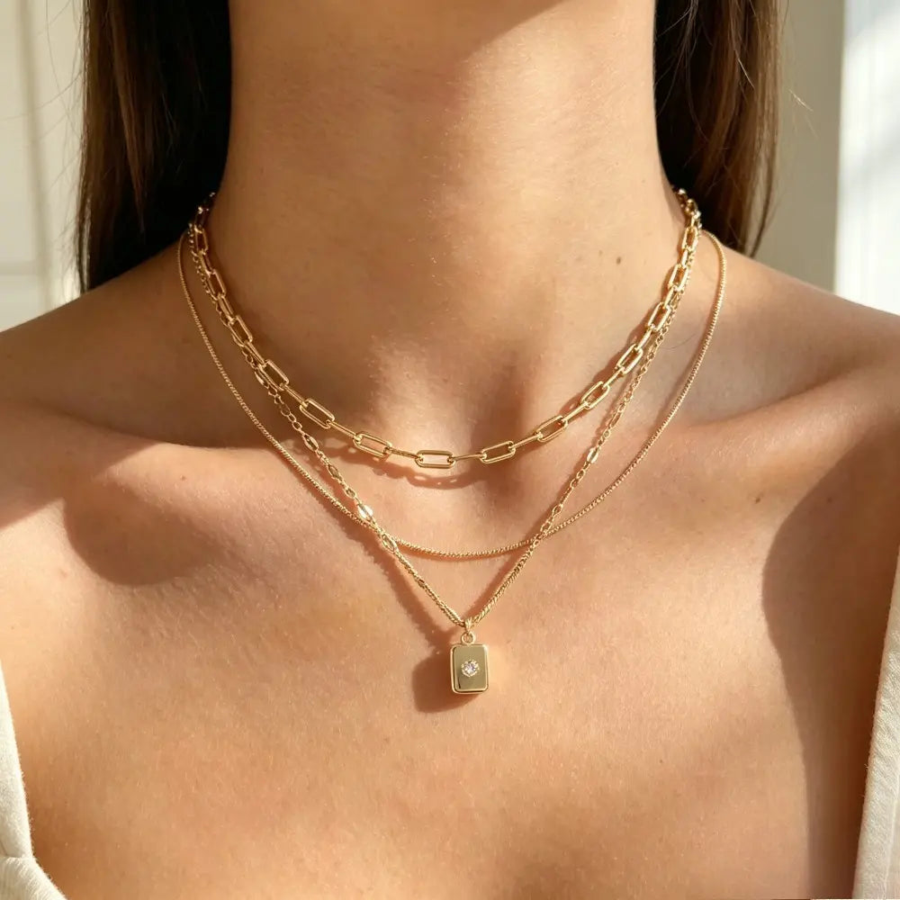 Women's 3-Piece Grid Paperclip Box Chain Necklaces Set for Leisure Indoor Recreation - Minimalist Rectangle Pendant with Sparkling Star Artificial Zircon, Layering Ready, Comfortable Fit, Daily Wear Jewelry