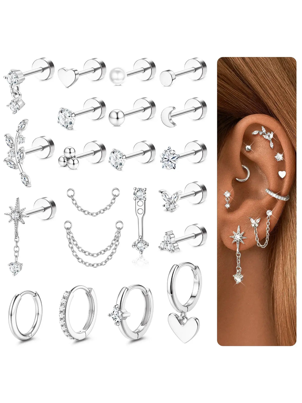 21Pcs Helix Piercing Jewellery Earrings Jewelry Tragus Earrings Set Flat Back Earrings Helix Hoop Tragus Stud Cartilage Earring Conch Rook Piercing Jewellery Surgical Steel Earrings Flatback Cartilage Earrings