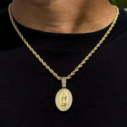 MaxBling81 Women's Gold Religious Motif Oval Iced Cubic Zirconia Charm Pendant Necklace, 4mm Rope Chain (18"-20"-24"), Costume Jewelry, Daily Wear Accessory, Religious Gift, Necklaces