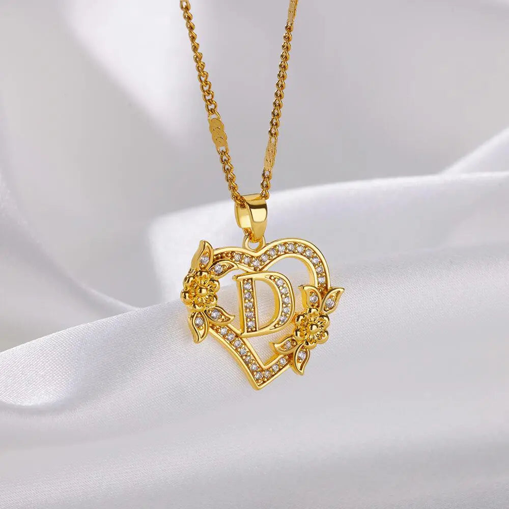 New Fashion Letter Detail Heart Shaped Pendant Necklace, Love Necklace for Women for Summer, Rhinestone & Flower Decor Stainless Steel Matching Necklace Jewelry, Girl's Temperament Cloths Accessory for Daily Wear