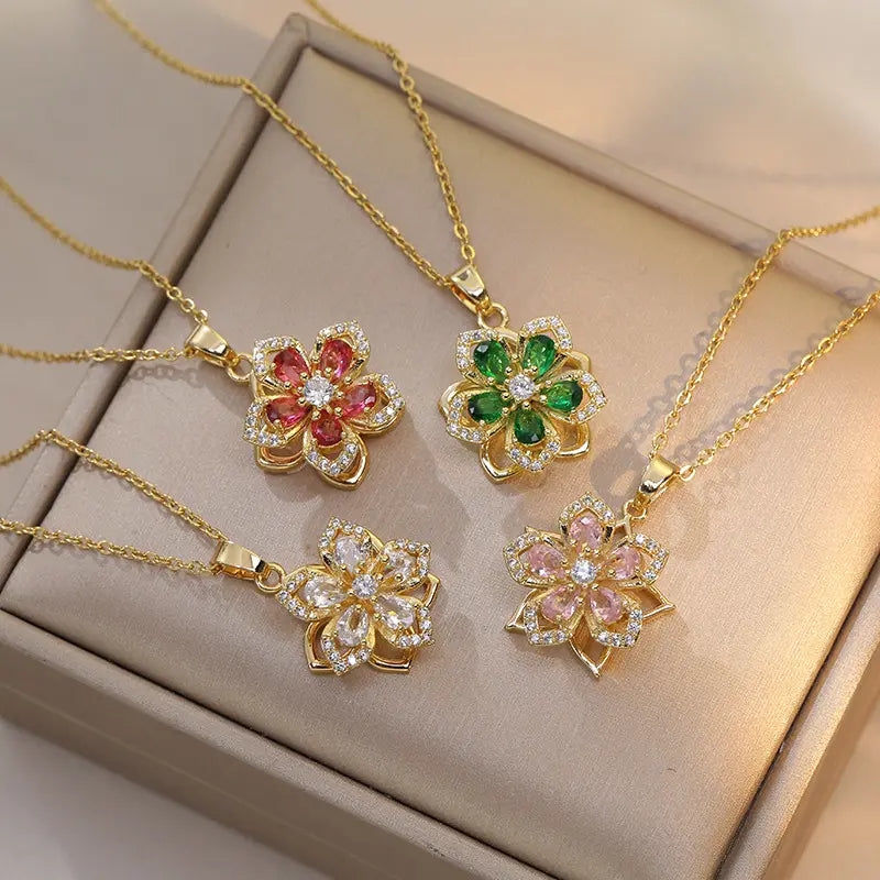 Women's Rotatable Crystal Gold Flower Pendant Choker - Adjustable Redbud Blossom Fidget Jewelry, Dainty Flower Motif Necklaces, Accessories for Women, Crystal Necklaces