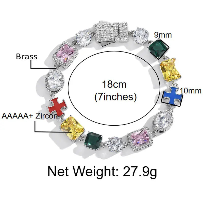 Colorful Dopamine Zircon Bracelet, Iced-Out Cross Gemstone Hip Hop Bracelet for Men and Women