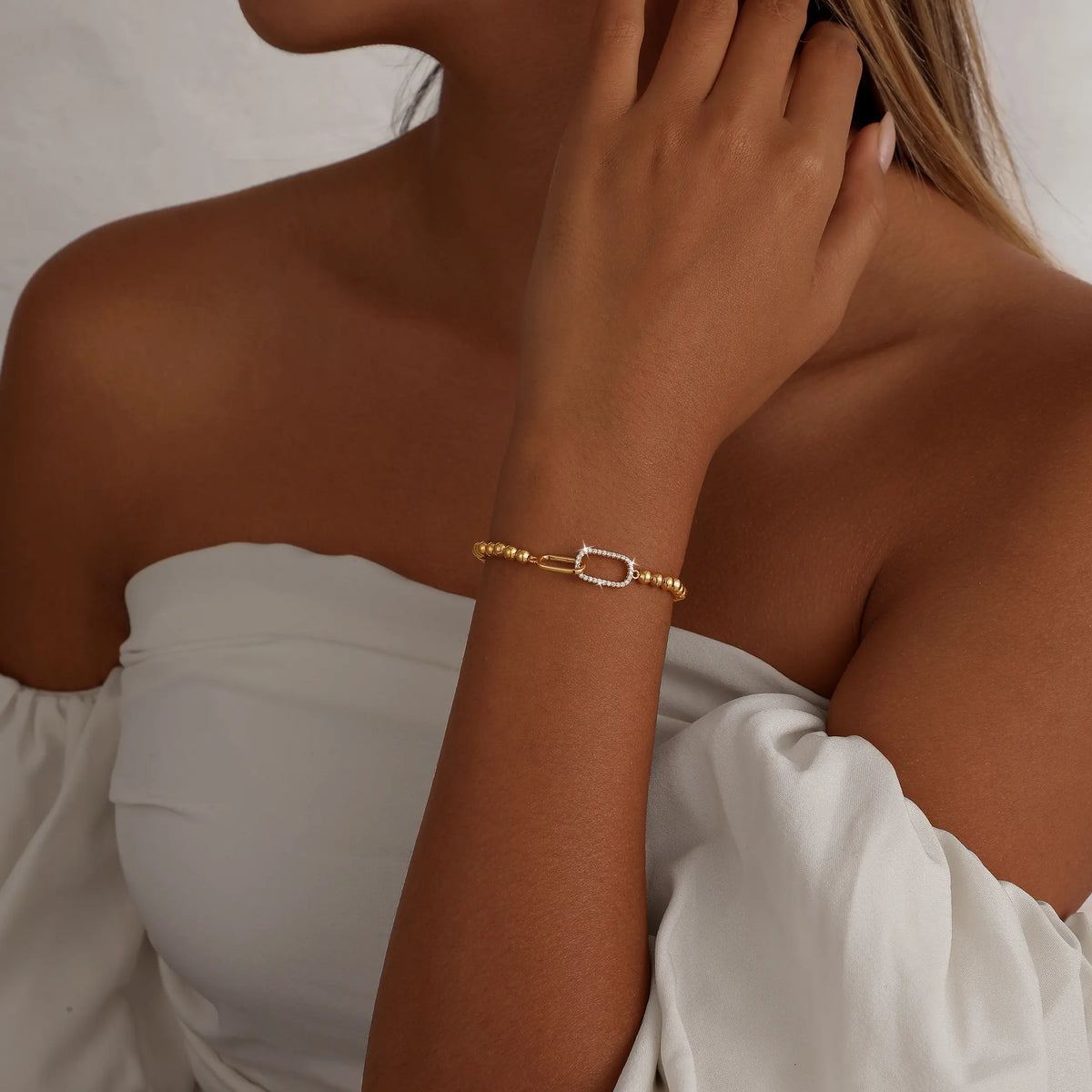 14K Gold Plated Beaded Stretch Bracelet for Women - Elegant CZ Stackable Jewelry, Non Tarnish, Perfect Gift for Friends & Mom,Dainty Gold Bracelet,Fashion Wrist Jewelry,Exquisite Bracelet,Stackable Bangle