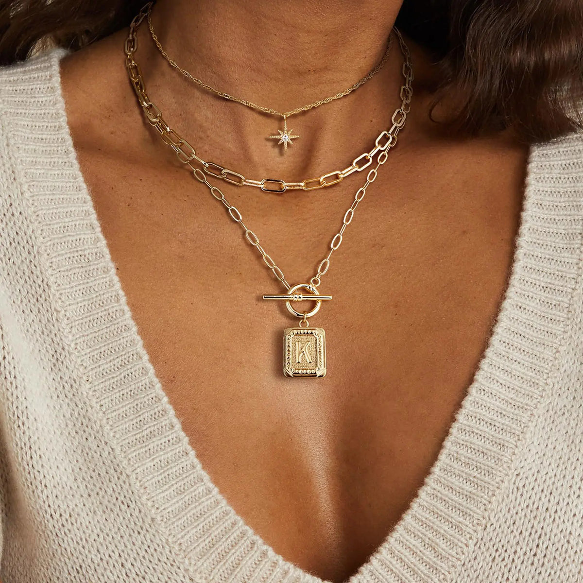 PeregrinaX Women's Layered Initial Necklaces - 14 karat Gold Plated Brass, Simple Star Choker, Square Letter Pendant, Paperclip Chain, Jewelry for Women, Non Tarnish Jewelry, Gold Colored Necklaces, Gift Option