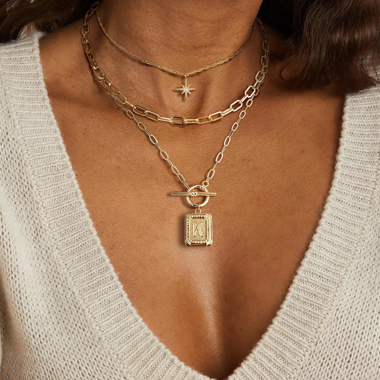 PeregrinaX Women's Layered Initial Necklaces - 14 karat Gold Plated Brass, Simple Star Choker, Square Letter Pendant, Paperclip Chain, Jewelry for Women, Non Tarnish Jewelry, Gold Colored Necklaces, Gift Option