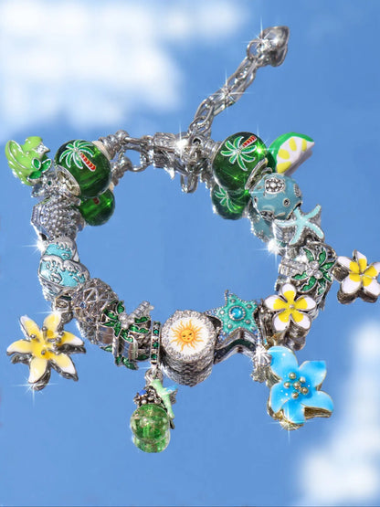 Vintage Flower Charm Bracelet, Cherry Blossom Bracelet, Tulip Flower Bracelet, Vintage Butterfly Bracelet, Vacation Style Bracelet, Floral Charm Bracelets