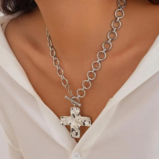 Loyalove 14K Gold Plated Chunky Cross Necklace for Women Statement Cross Pendant Necklace Layered Hammered Bold Cross Necklace Vintage Toggle Clasp Necklace Jewelry For Easter Gift