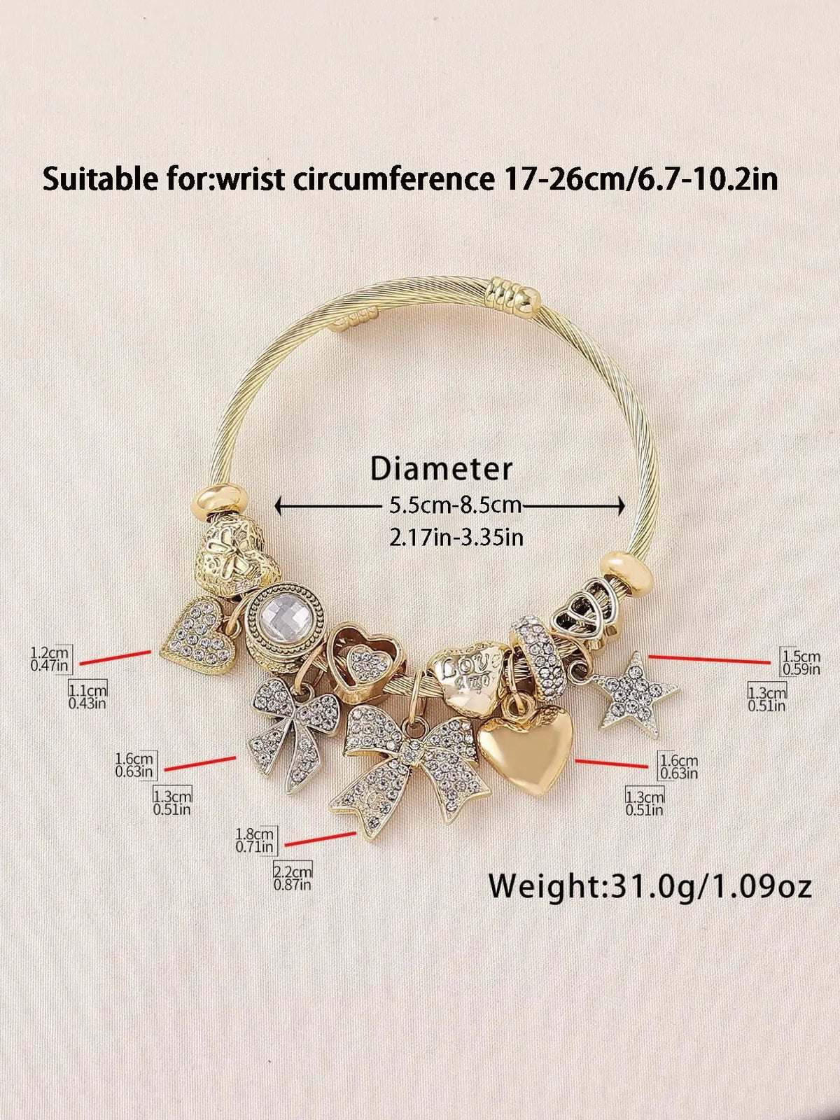 Elegant Women's Stainless Steel Open Bangle Bracelet, Handmade Beaded Rhinestone Butterfly Star Heart Pendant, Exquisite Bracelet, Perfect Gift for Parties