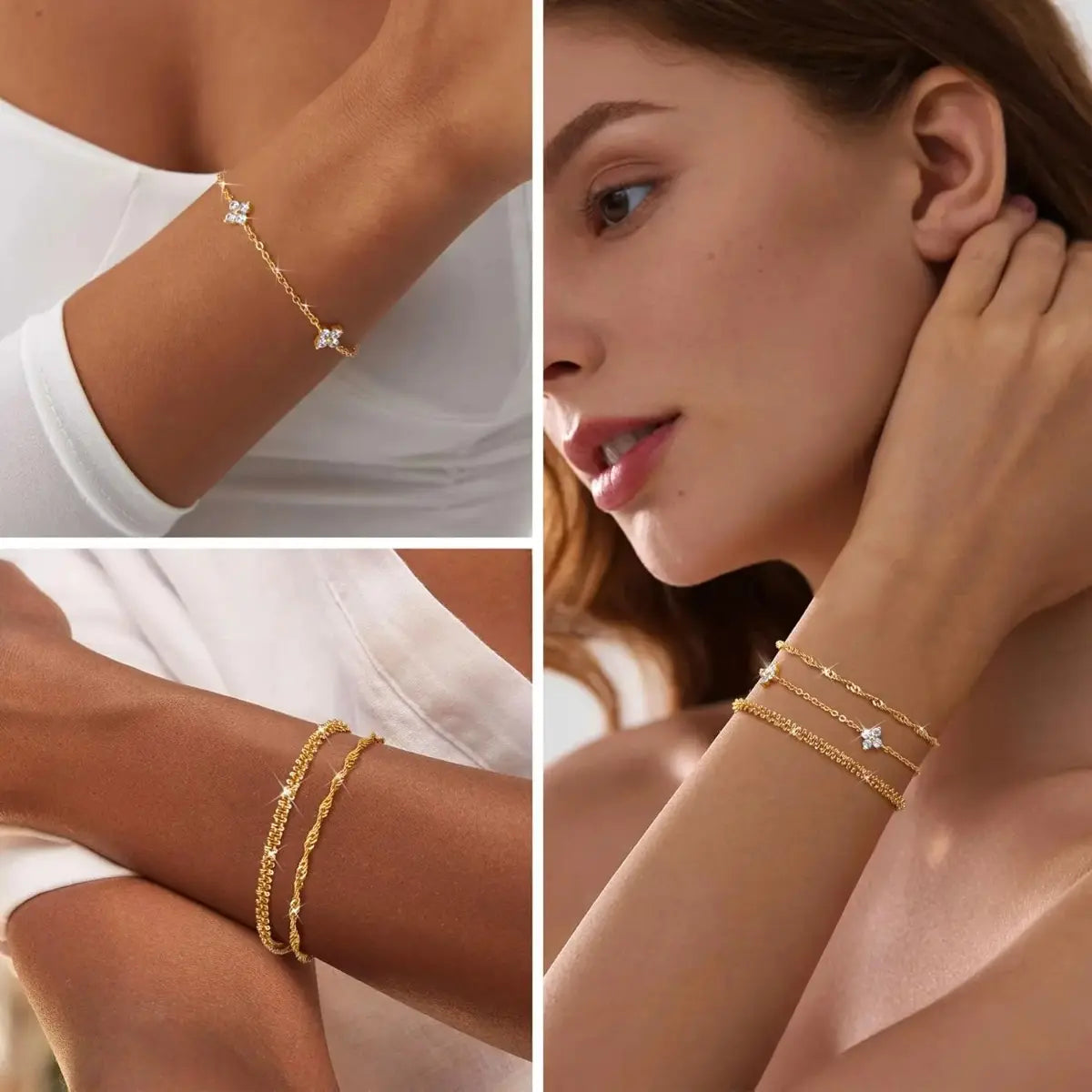 Women's 3pc Adjustable Bracelets Set - 14K Gold-Plated & Silver-Tone Layered Link Chains with Zirconia Beads, 7.9in Classic Exquisite Fashion Wrist Jewelry for Daily Stacking, Jewelry for Women
