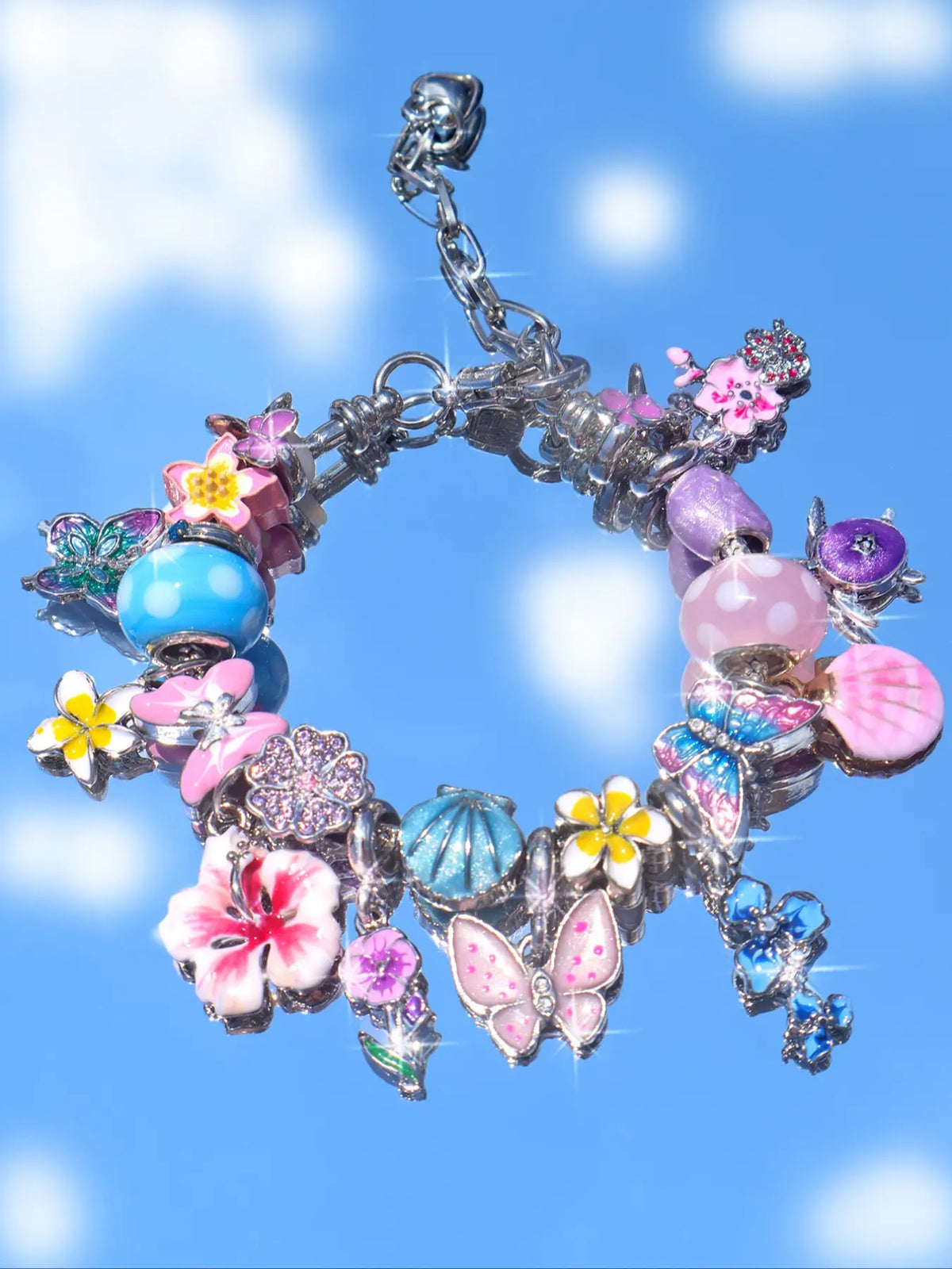 Vintage Flower Charm Bracelet, Cherry Blossom Bracelet, Tulip Flower Bracelet, Vintage Butterfly Bracelet, Vacation Style Bracelet, Floral Charm Bracelets