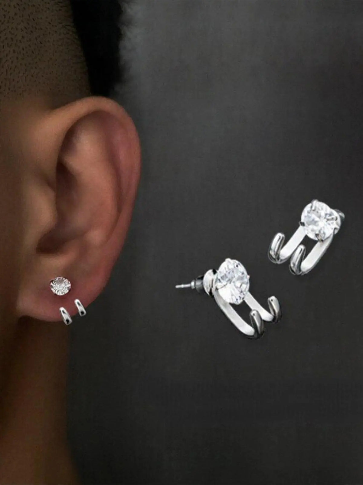 2 round zircon two claw front and rear men's fashionable stainless steel earrings Zircon Stud Earrings Fashion Jewelry Earrings