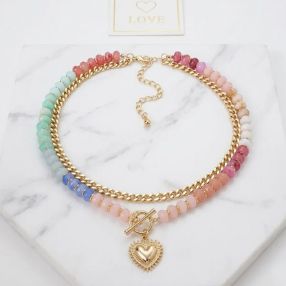 Women's dopamine double-layer colored bead heart-shaped necklace, adjustable layered collarbone chain, women's fashionable jewelry necklace