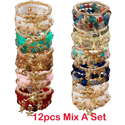 Women's 12/24pcs Boho Beaded Bracelets Set - Golden-Tone Starfish, Multi-Layer, Luxury Summer Costume Jewelry - Daily Wear, Festival Use, Ideal Gifts for Women, Accessories Adults, Bracelet Stacking, Layered Boho Look, Mix-Match Magic, Boho Casual,sohochi
