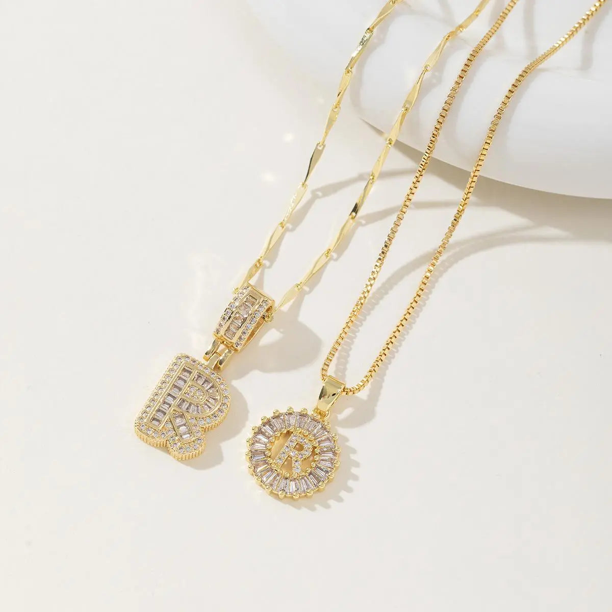 Women's Full diamond Rock sugar 26 letters Pendant Necklace Set Copper with zircon and gold plating Gold‑plated Round shape Flowers Fashion Accessories Layered Jewelry Set