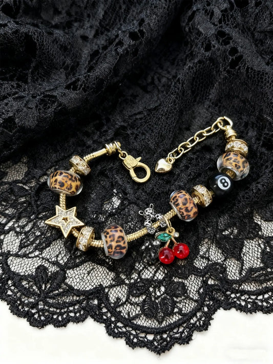 Women's Leopard Print Rhinestone Cherry Pendant Bracelet, Sexy Style Iron Chain Jewelry for All Seasons, Perfect Gift for Women, Trendy Jewelry, Charm Bracelets, Fashionable Bracelet, Bracelet with Pendant