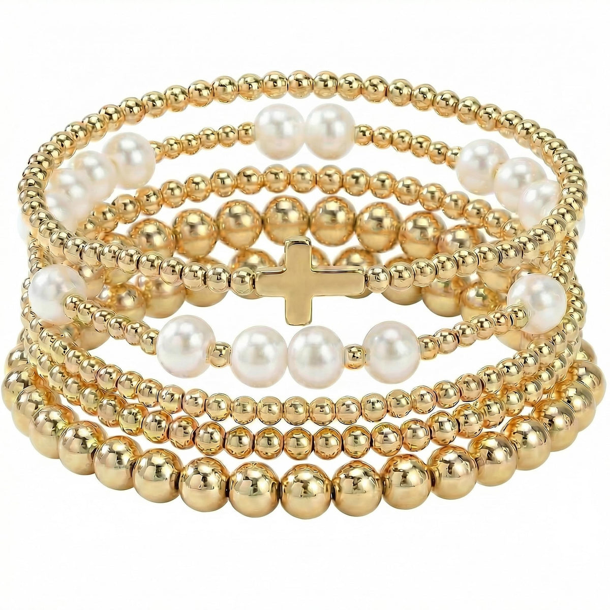 14K Gold Plated Pearl Beaded Cross Bracelets Stack Set for Women,Stretch Boho Colorful Christian Beads Ball Jewelry Friendship Summer Trendy Gift