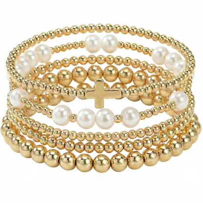 14K Gold Plated Pearl Beaded Cross Bracelets Stack Set for Women,Stretch Boho Colorful Christian Beads Ball Jewelry Friendship Summer Trendy Gift