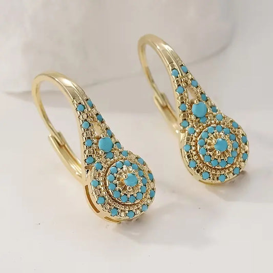 Women's KC Gold Plated Synthetic Turquoise Teardrop Dangle Earrings - Teardrop Design, Metal Coating, KC Gold Shine, Dangle Movement, Intricate Detailing, Elegant Female Costume Jewelry for Daily & Formal Events, Valentine's Gift